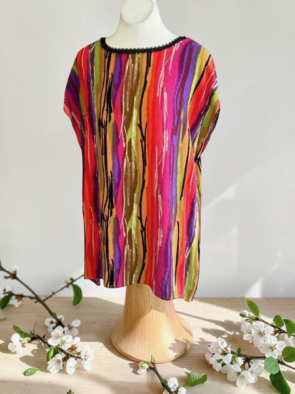 Rainbow Colored Tunic Ribbon Trim Vintage 90s Handmade OOAK